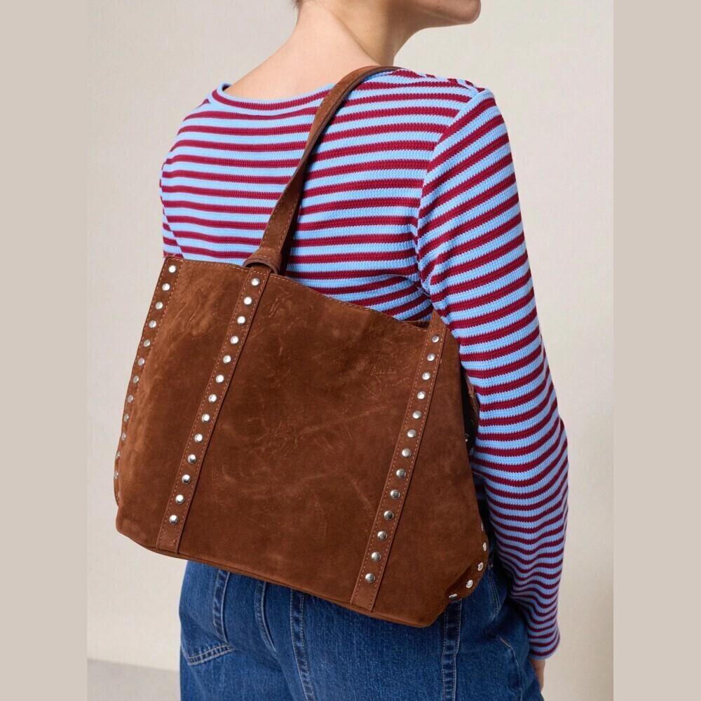 Brown Faux Suede Studded Trim Oversized Tote Shoulder Bag